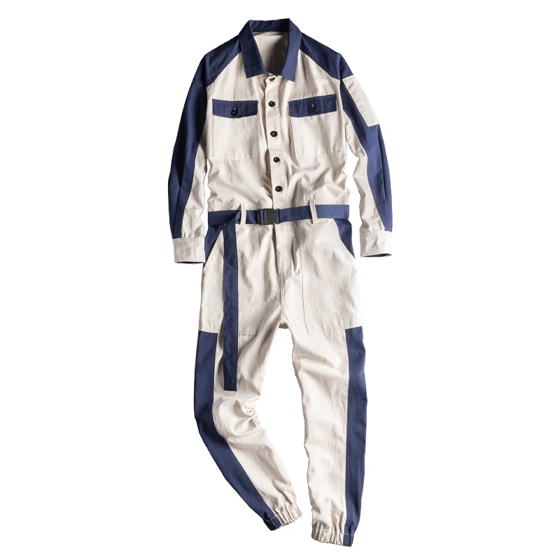 Men's Long Sleeve Jumpsuit Hip Hop Streetwear Men Cotton Bib Overalls Pants with Sashes Pockets Male Casual Workwear Cargo Pants