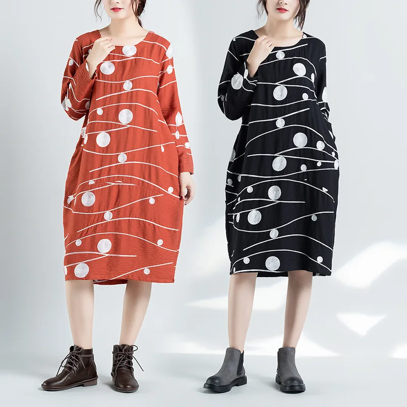 

2018 New Style Cotton Linen Lines Dotted Dress Crew Neck Long Sleeve Loose-Fit Literature And Art Embroider Jacket