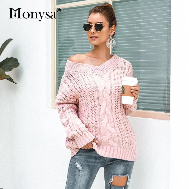 Вязаный с открытыми плечами свитер осень зима 2019 Новый витой v-образный вырез