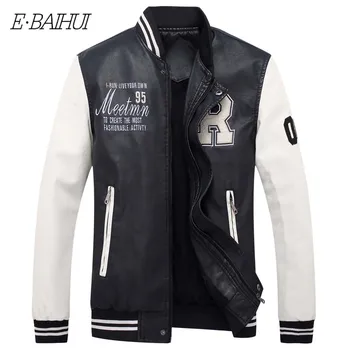 

E-BAIHUI Men Embroidery Baseball Jackets Coats Stand Collar Faux Leather Jackets Men's Clothes Spring Autumn Coats Men Coats