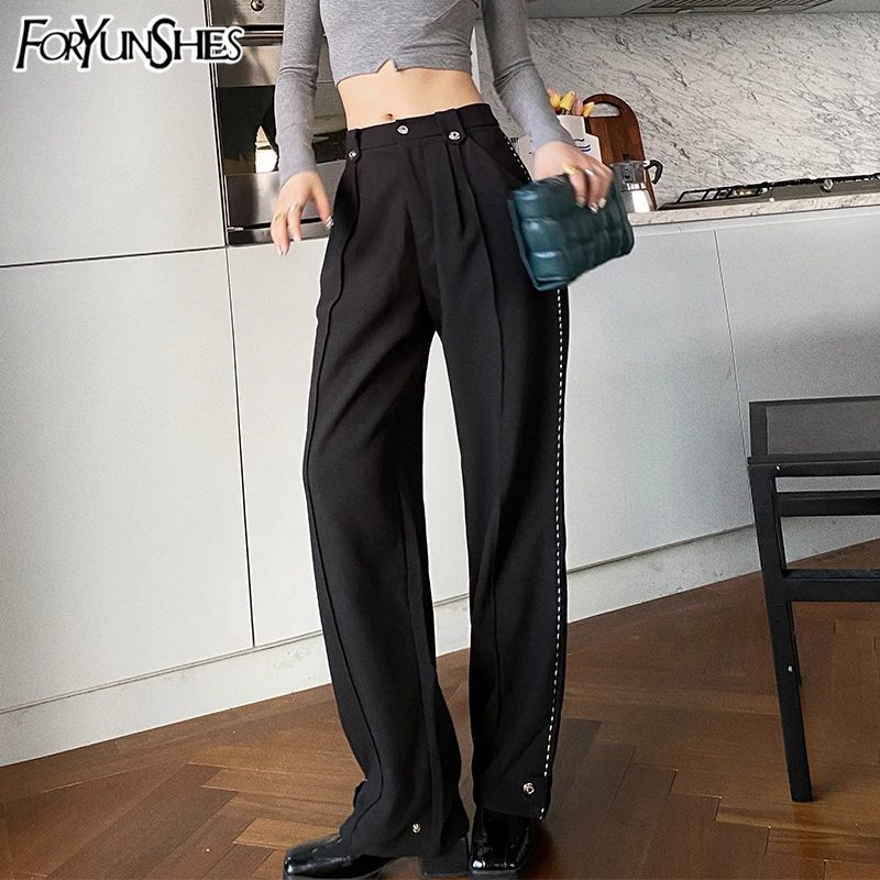 

FORYUNSHES Women Suit Pant/Beam Feet Pants Variable Hem Design Female Silver Side Stripe High Waist Straight Trousers 2020 Fall