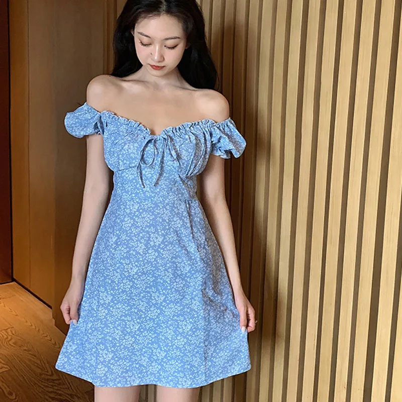 2020 Summer Dress Female Vintage Blue Floral Print Center Bow Beach Dress Slim Women Mini Dress Vestidos