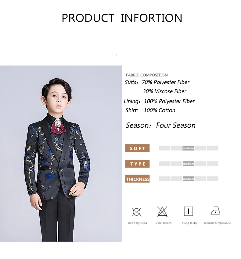 YuanLu/Детский костюм для мальчиков; детский Блейзер; пиджак; торжественное пальто для свадебной вечеринки; комплект зауженного кроя с вышитыми цветами; Классический черный цвет