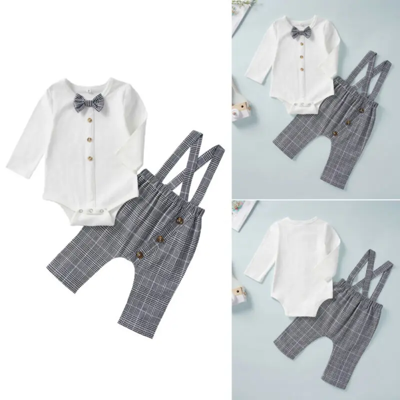 Newborn Baby Girl Boy Romper Long Sleeve Tops Plaid Bib Pants Overalls Set Cotton Outfits Autumn Clothes