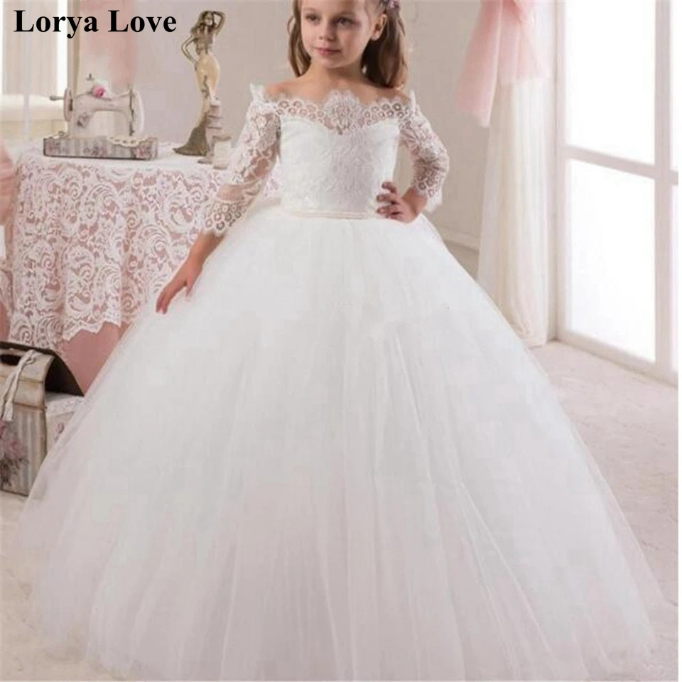 

White/Ivory Elegant Fower Girl Dresses 2020 Boat Neck Ball Gown Princess Dress For Weddings Holy First Communion Pageant Gowns