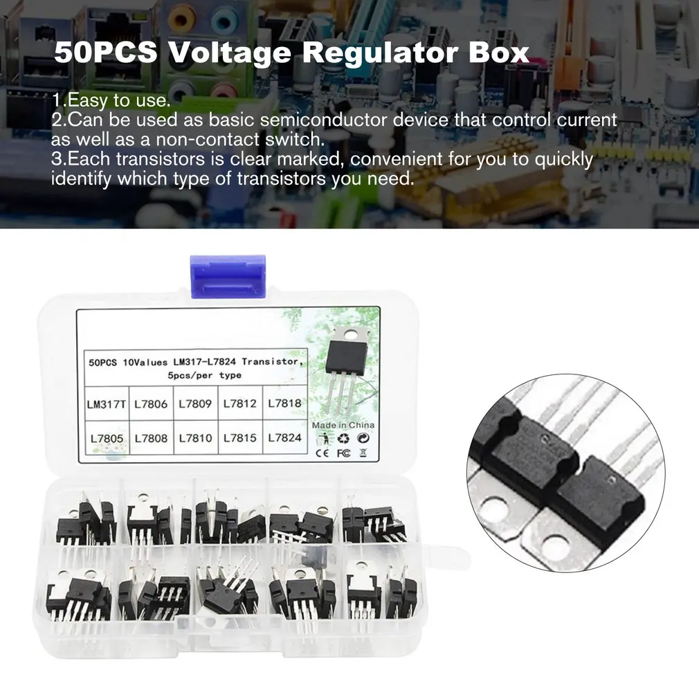 50PCS Voltage Regulator Box Transistor Assortment Kit 10 Value LM317T L7805 L7806 L7808 L7809 L7810 L7812 L7815 L7818 L7824