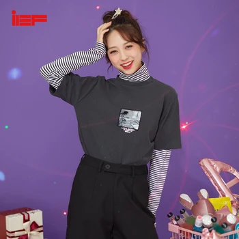 

IEF Spring Summer Causal Stripe Turtleneck Shirt Women Printing Long Sleeve Shirt Tops 0D06A-D126-