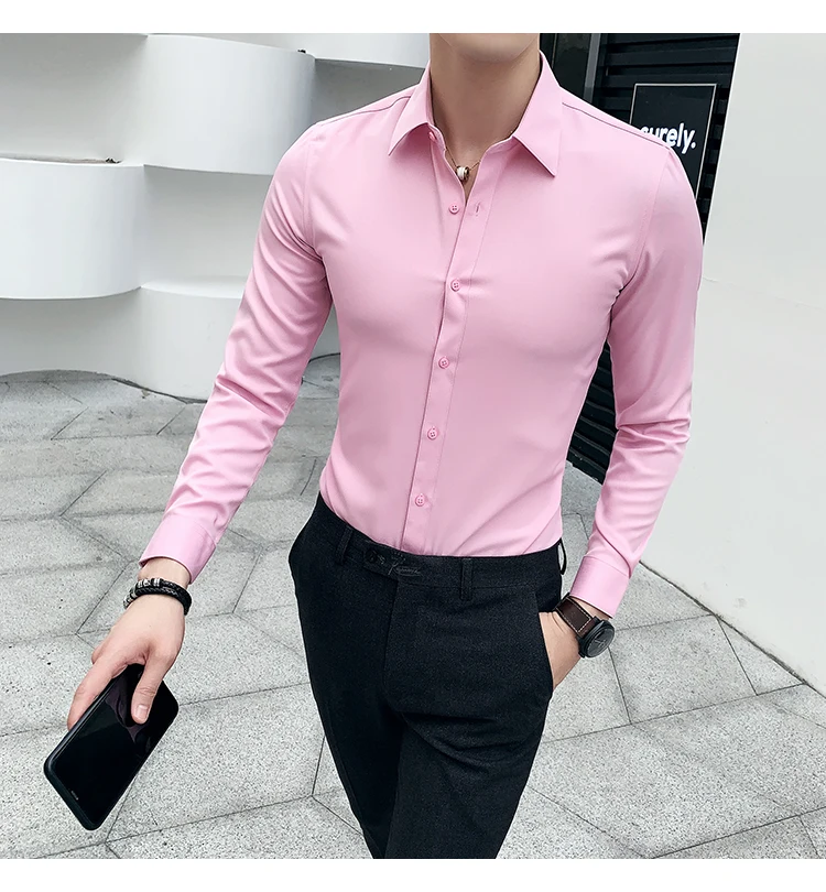 Брендовая Новинка, мужская повседневная Однотонная рубашка с длинным рукавом, приталенная мужская деловая рубашка, брендовая мужская одежда, мягкая удобная
