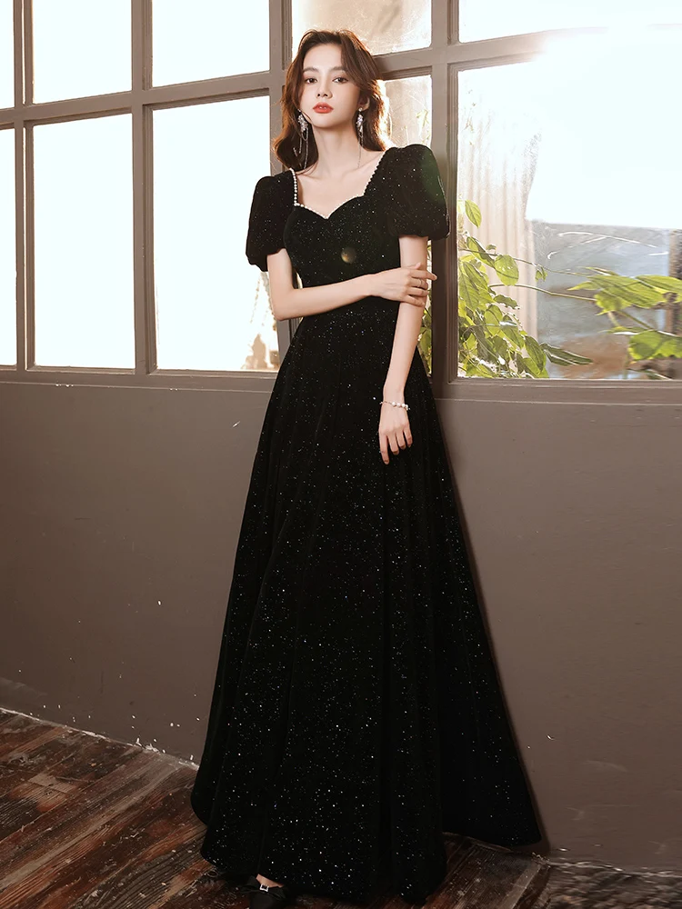 Black Velvet Evening Dress Simple A-Line Floor Length Party Gowns