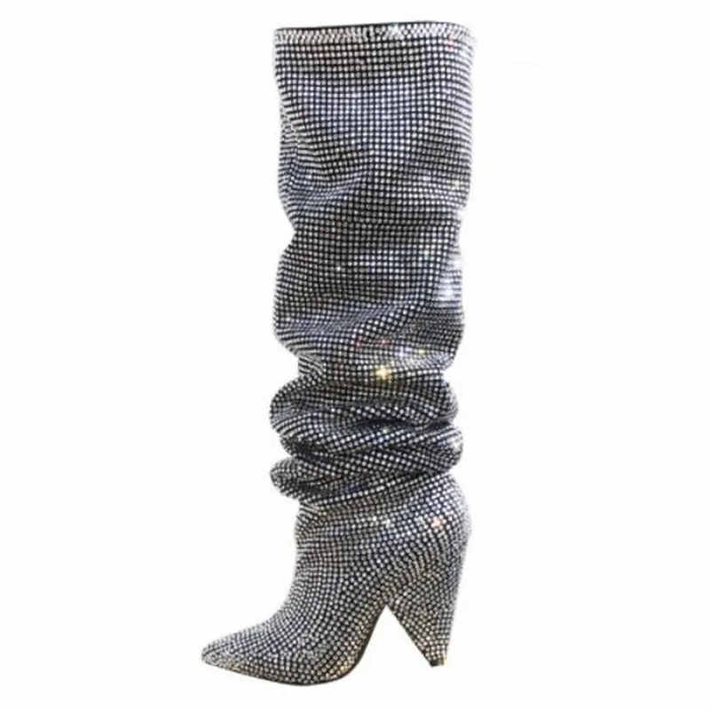 

2020 Runway Women Thigh High Boots Shiny Rhinestone Decor Botas Mujer Spike High Heel Female Over the Knee Boots