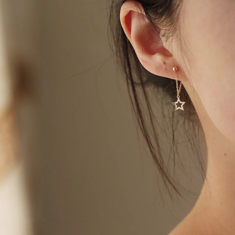 925 Sterling Silver Plated 14k Gold Simple Star Tassel Earrings - Image 2