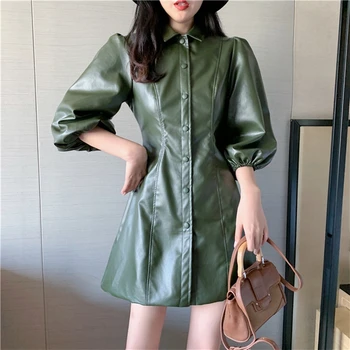 

ZCWXM New 2020 Spring Summer Women Dress PU Leather Single-breasted Lapel Lantern Sleeve Elegant Fashion Empire Dress Mini