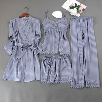 

Striped 4PCS Pajamas Suit Women Homewear Satin Pijamas Suit Sexy Kimono Bathrobe Gown Home Clothes Lace Patchwork Sleepwear