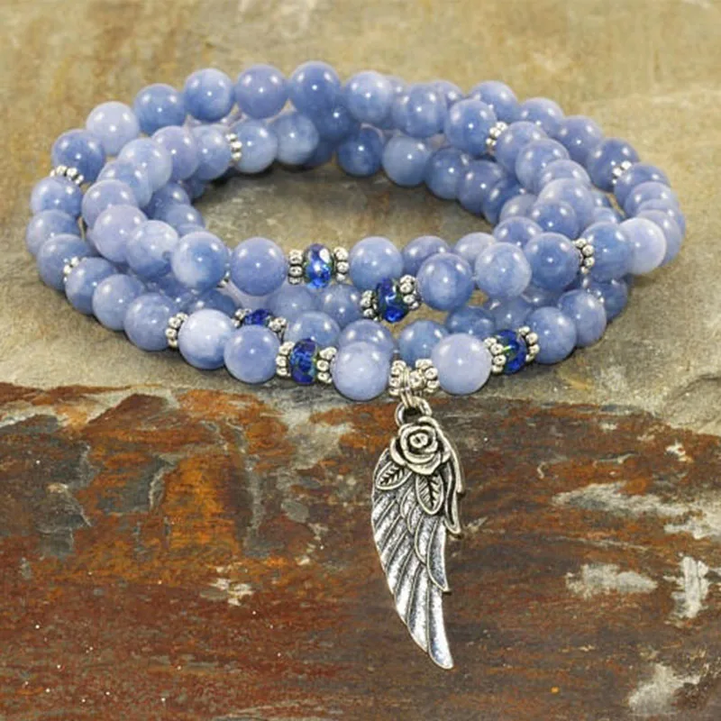 108 Angelite Mala Beads Throat Chakra Crystals Yoga Bracelet Chakra Crystals Yoga Necklace beaded bracelet,stone bead bracelet,natural stone bracelet,crystal bracelet,stone bead necklace,prayer beads