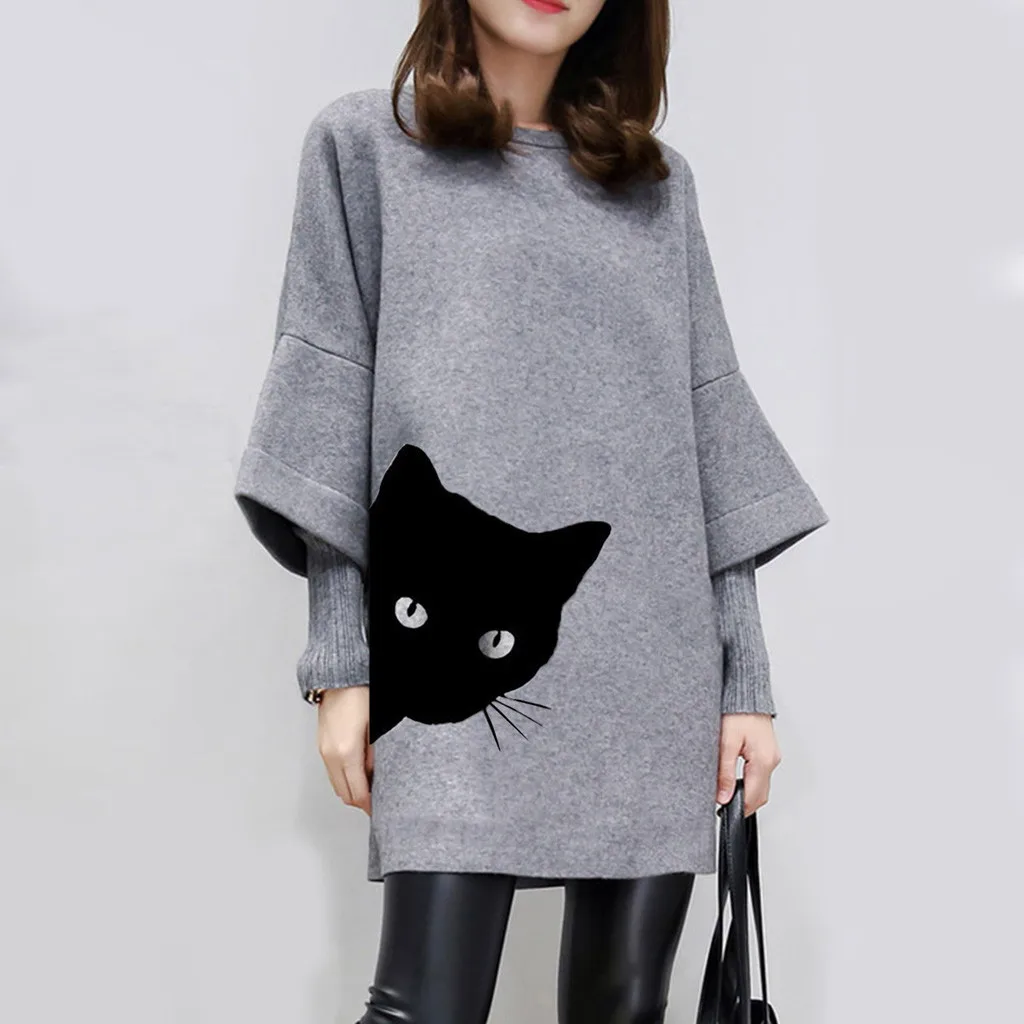 

Women O-neck Cat Print Patchwork Loose Short Long Sleeve Dress dress women ropa mujer party dress dress women платье лоскутное