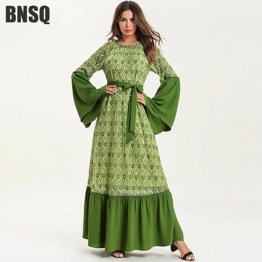 M-4XL plus size ruffles embroidery Muslim abaya dress Robes Arab Malaysia Ramadan muslim Worship Service abaya with belt Wq1512