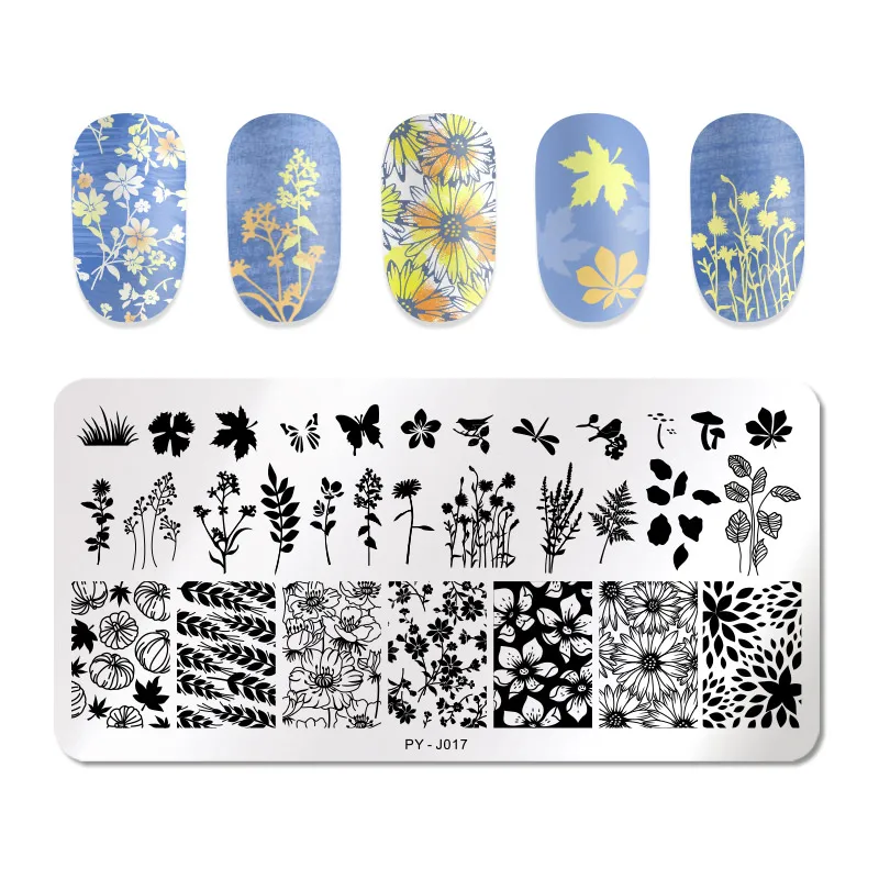 PICT вы пластины для стемпинга ногтей тату с цветами изображения дизайн прямоугольной Нержавеющая сталь нейл-арта штамп для росписи Трафареты J001 - Цвет: PY-J017