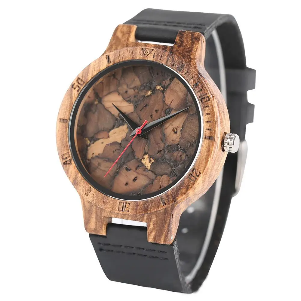 

Watch Men Broken Leaf Round Dial Faux Leather Strap No Number Analog Wood Quartz Watch relojes hombre 2019