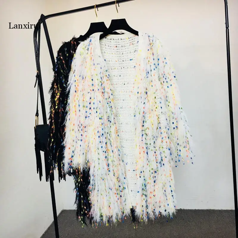 ^Cheap Lambs Sequins Tassels Knitted Sweater Long Jacket Hook Flowers Cardigan Handmade Mixed Color Fringed Velvet Fluffy Coat Outwear ^Cheap Lambs Sequins Tassels Knitted Sweater Long Jacket Hook Flowers Cardigan Handmade Mixed Color Fringed Velvet Fluffy Coat Outwear