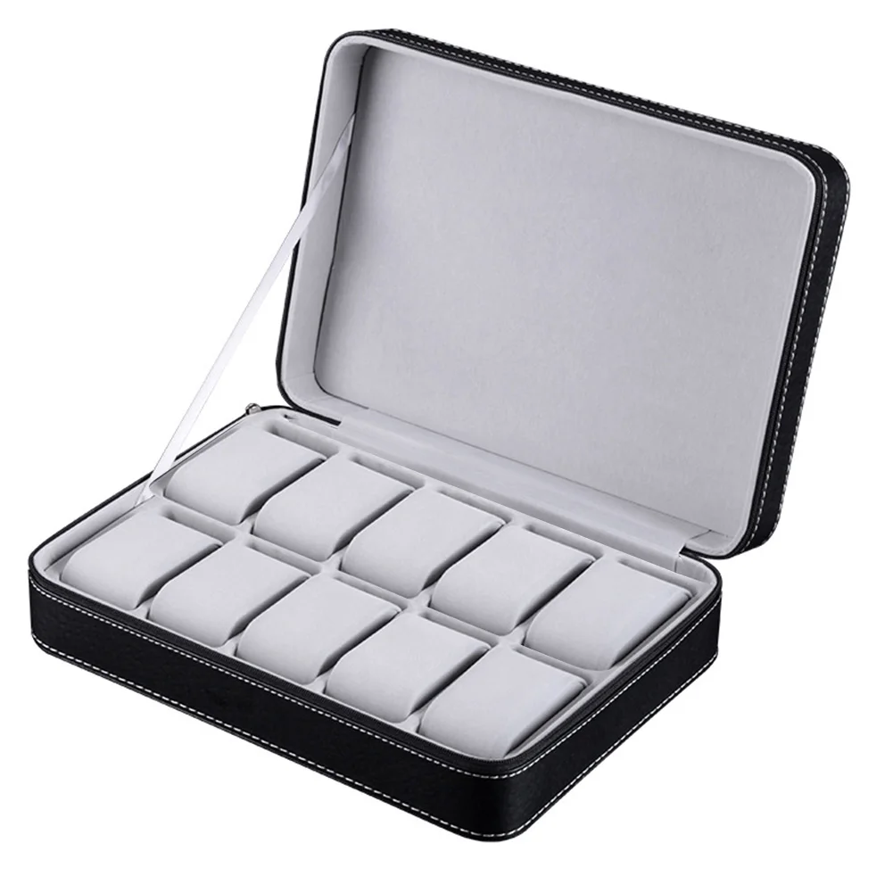 

Counter 10 Grids Jewelry Watch Storage Box Packaging Bracelet Organizer PU Leather Zipper Closure Portable Protective Case Gift