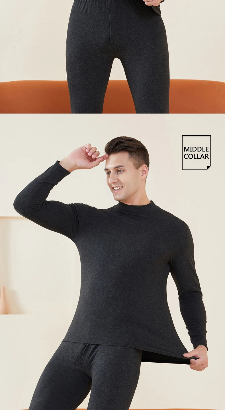 long johns for men Middle Neck Thermal Underwear Set Men's Solid Color Round Neck Autumn And Winter New Autumn Clothes Autumn Pants Bottomwear mens base layer pants