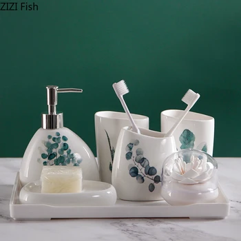 

Northern Europe Leaves Pattern Ceramic Bathroom Five-piece Bathroom Accessories Kit Wash Cup Gift Set Wash Set
