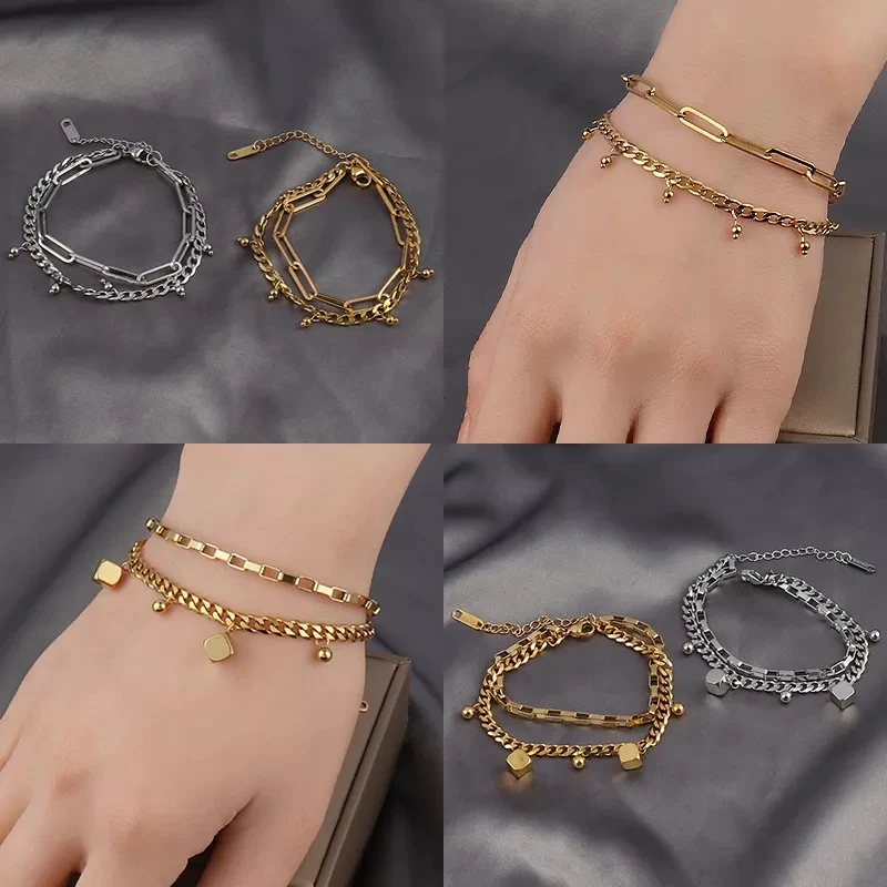 Chain Bracelet Charm Bracelet Stainless Steel Bracelets Women Bracelet Punk Chain Bracelet For Women Double Layer Charm Jewelry Gifts