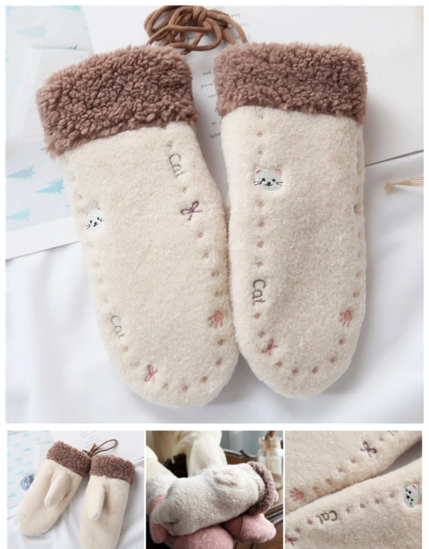 Cat Paw Paw girls sweet wind bow embroidery lanyard package refers to the warm gloves thick winter women's gloves
