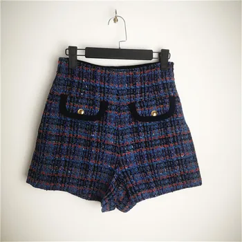 

high waist shorts women thin sweet plaid tweed metal buckle casual trousers High Quality autumn winter 2019