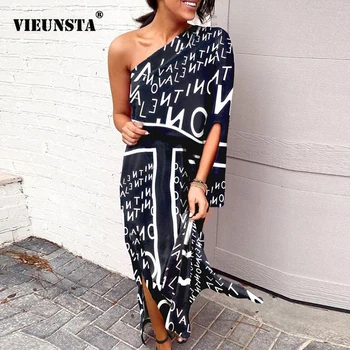 

Sexy One Shoulder Elegant Side Split Dress 2020 Summer Letter Print Long Sleeves Dress Women Vintage Spring Party Dress Vestidos