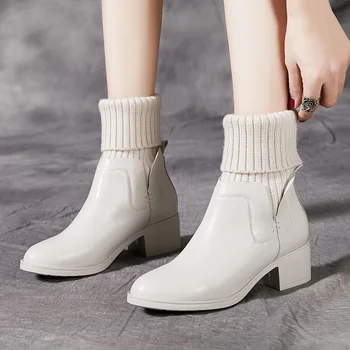 

Wool Boots White Black Winter Autumn Knitted Mid-Calf Boots Women High Heel Square Heel Socks Elastic Boots Shoes X0111
