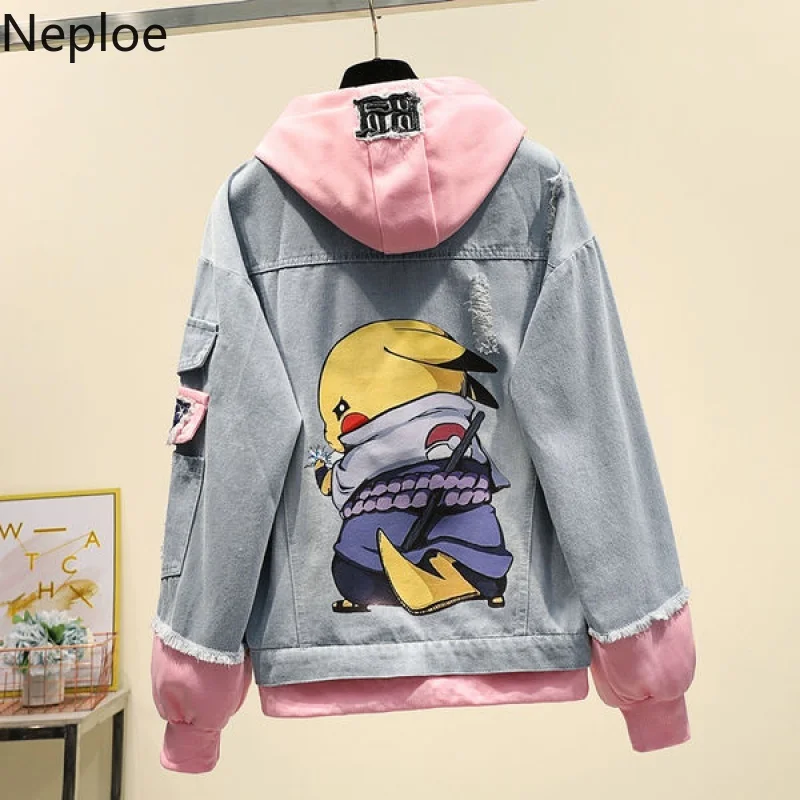 

Neploe Fake Two-piece Hooded Denim Jacket Women Korean Loose Wild 2019 Autumn Winter New Chaqueta Mujer Hole Patch 466732