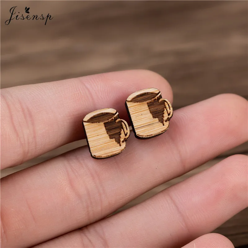 Jisensp Vintage Design Cute Cup Wood Earrings Fashion Jewelry for Women Unique Coffee Cup Stud Earrings Fashion Jewelry Gift