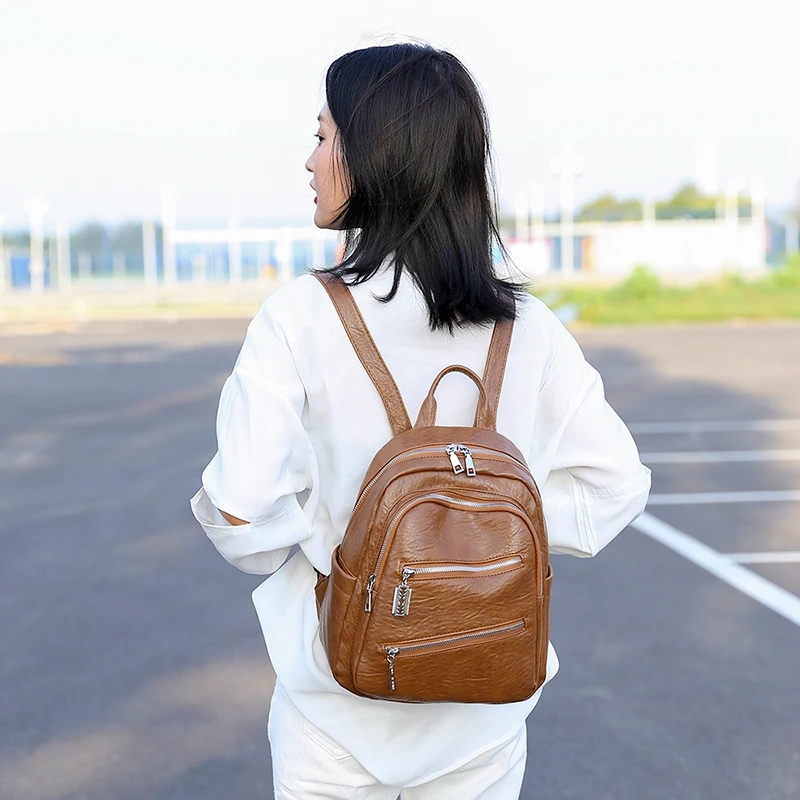 

Puimentiua Fashion Simple Style Soft School Backpack Artificial PU Leather Women Shoulder Bag Floral School Bag for Teens Girls