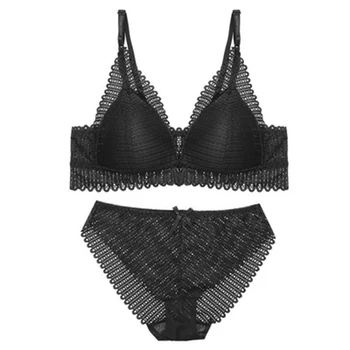 

Voplidia Sexy Lace Bra Set Front Button Gathered Triangle Cup Bra Without Steel Ring Underwear 2pc/set