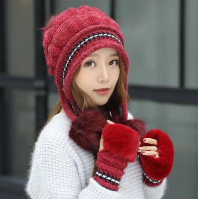 Теплый лыжный бренд для девочек с помпонами из кроличьего меха, теплые перчатки+ вязаная шапка, зимняя женская шерстяная Круглая Шапочка, шапка, толстая женская шапка - Цвет: red