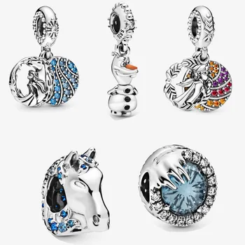 

5PCS Bijoux Silver Plated Beads Blue Crystal Frozen Elsa Nokk Olaf Snowman Charms fit DIY Pendant Bracelets Women Jewelry Making