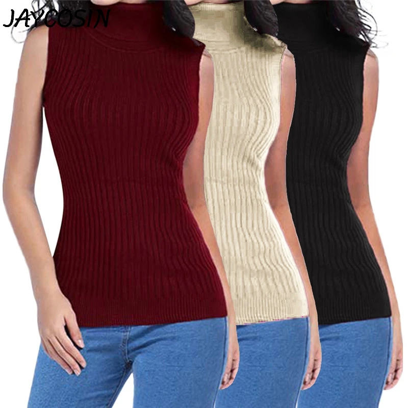 

JAYCOSIN Women Sweaters 2019 Autumn Winter Casual Turtleneck Solid Matching Sleeveless Slim Sweater Pullover Sweater Tops jy24