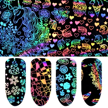 

8pcs Set Holographic Nail Foil Sticker Peacock Flower Laser Nail Art Transfer Foil Sticker Slider Starry Decoration Decal