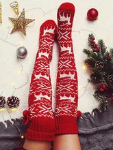 Christmas Chic Sexy Stocking Elk Snowflake Print Night Out Warm Red Pom Pom Socks
