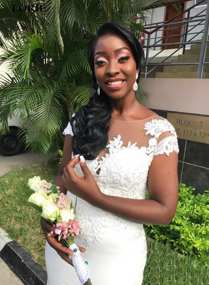 LORIE арабское Aso Ebi сексуальное свадебное платье русалки с прозрачной шеей и короткими рукавами кружевное свадебное платье с аппликацией из бисера Свадебные платья
