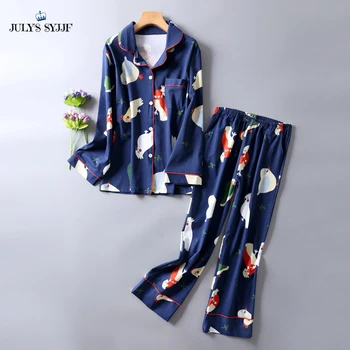 

JULY'S SYJJF 2 Pieces Cotton Animal Pajamas Set Women Soft Bird Printing Cute Sleepwear Spring Autumn Girl Pajamas Suit Pyjama