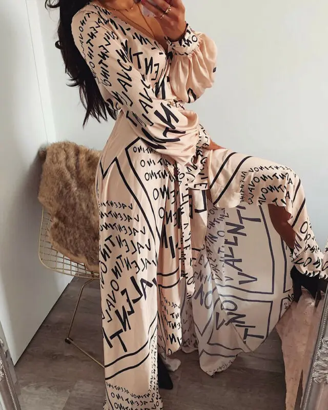 

Women Summer Letters Print Boho cross V-neck Long Puff Sleeve front Split Hollow Maxi Dress Beach Sundress