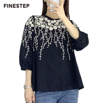 

Elegant Two-Piece Print Blouse Spring Summer Brand Design Half Sleeve Women Shirts Elegant O-Neck Female Tops