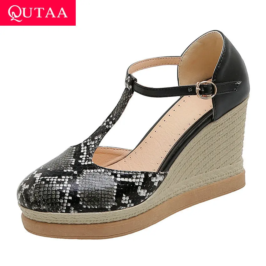 

QUTAA 2020 T-strap Buckle Summer Women Pumps Snakeskin PU Leather Ladies Sandals Round Toe Wedge High Heel Women Shoes Size34-43