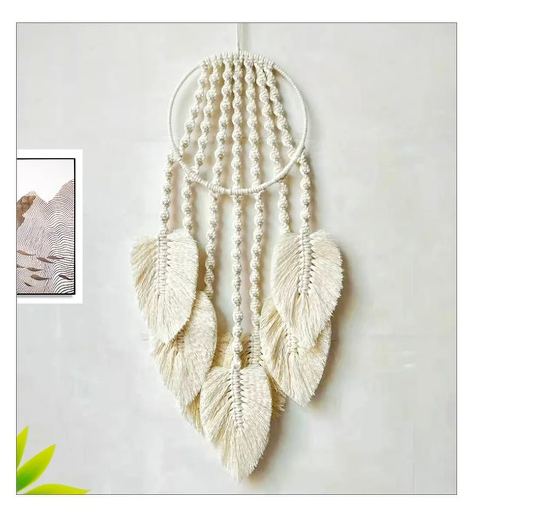 Feather Leaf Macrame Hoop Dream Catcher for Wall Art Hanging Bedroom Home Decoration Ornament Craft Gift Handmade Woven Tapestry