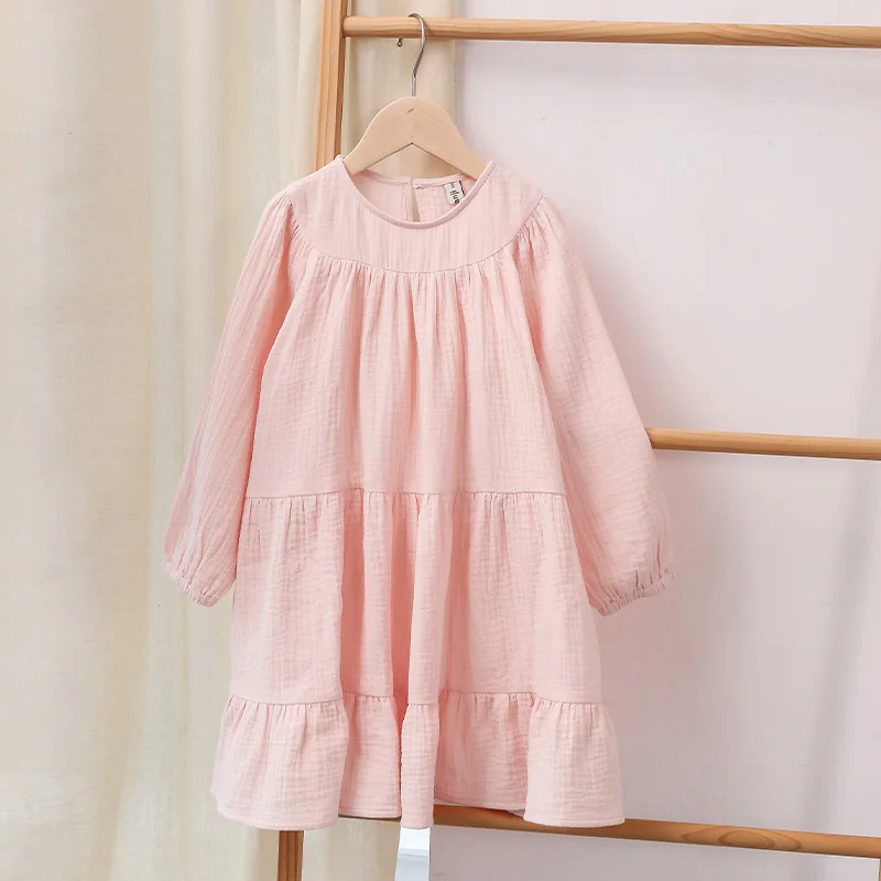 100% Cotton Girls Tiered Ruffle Dress Spring Autumn New Children Casual Loose Long-Sleeve White Sweet Princess Dresses TZ78 fashion baby girl skirt Dresses