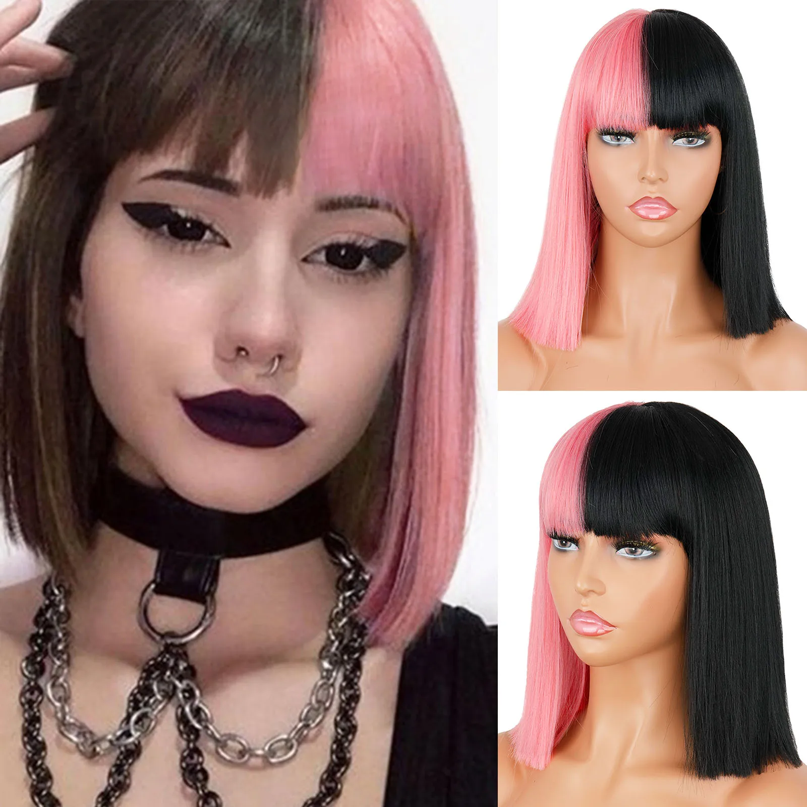 Pink And Black Wigs Short Synthetic Straight Hair With Bangs Twocolor