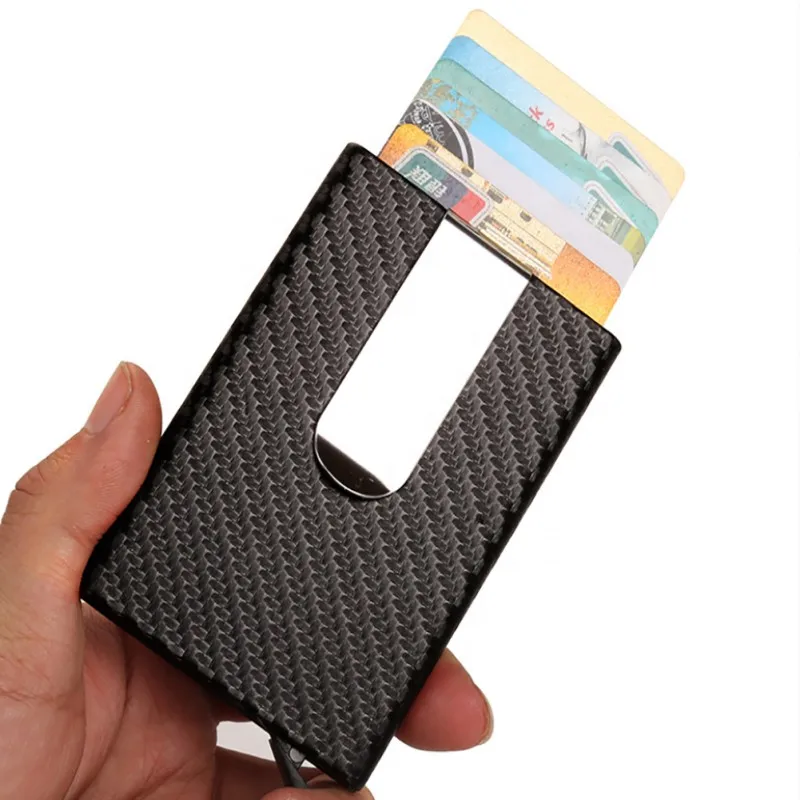 Business Aluminum Wallet Automatic Slide Card Case Carbon Fiber PU Leather Metal ID Credit Card Holder Clip id card holder,aluminum wallet