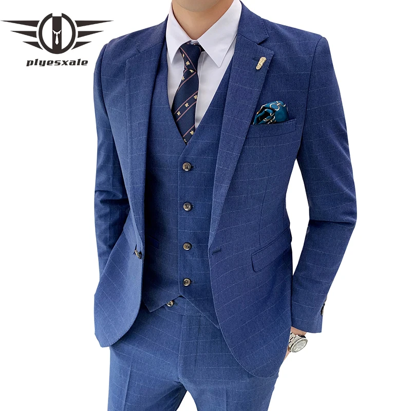 Dark Khaki Blue Plaid Suit Men 2019 Slim Fit Mens Formal Wear Male Business Suits High Quality 3 Piece Groom Wedding YM4 | Мужская